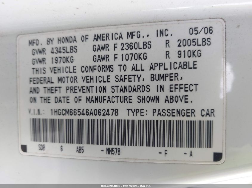 2006 Honda Accord 3.0 Ex VIN: 1HGCM66546A062478 Lot: 43954086