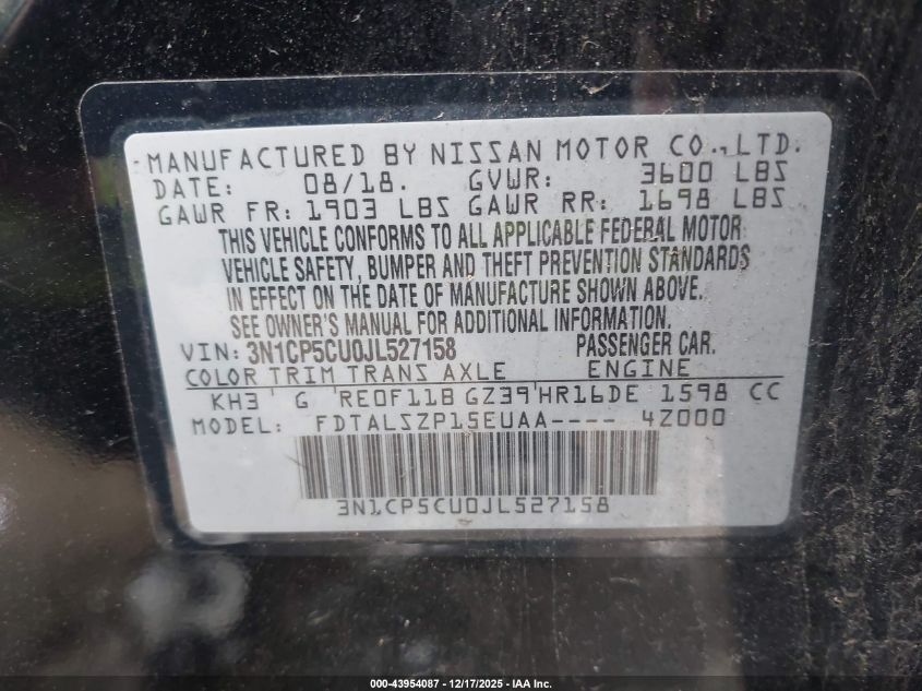 2018 Nissan Kicks Sv VIN: 3N1CP5CU0JL527158 Lot: 43954087