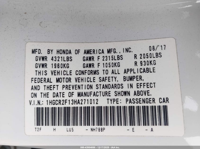 2017 Honda Accord Sport Se VIN: 1HGCR2F13HA271012 Lot: 43954088