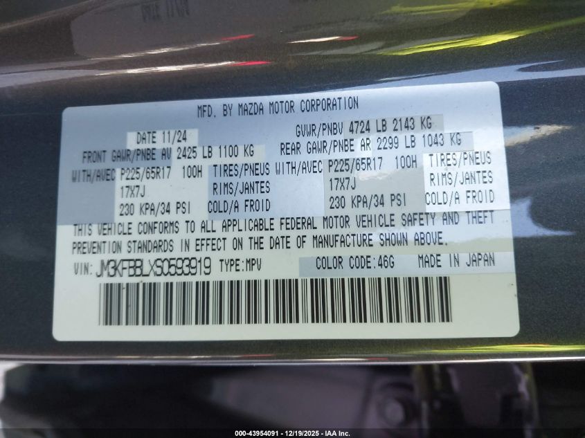 2025 Mazda Cx-5 2.5 S Select VIN: JM3KFBBLXS0593919 Lot: 43954091