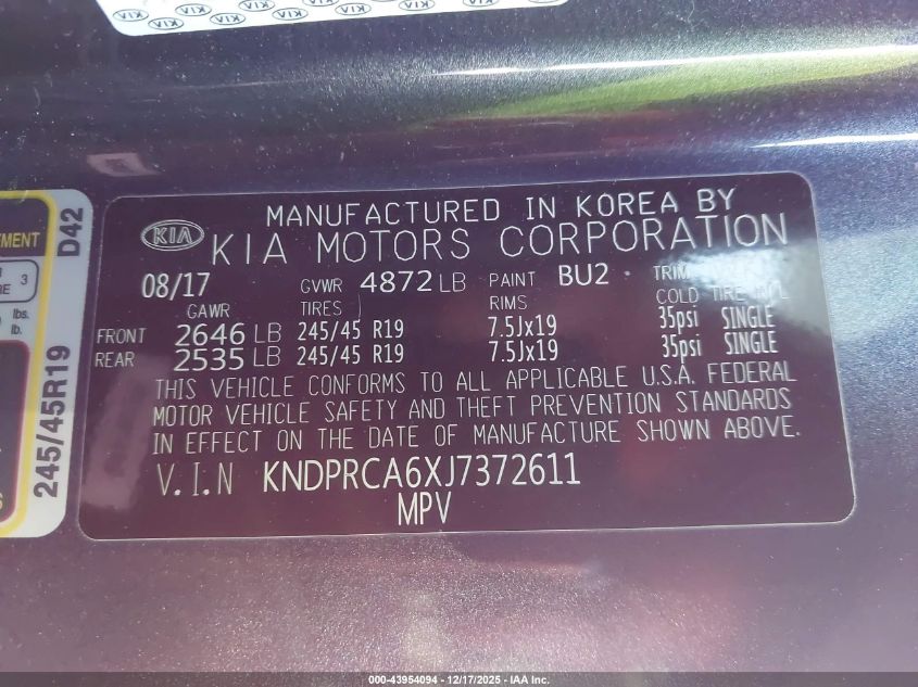 2018 Kia Sportage Sx Turbo VIN: KNDPRCA6XJ7372611 Lot: 43954094