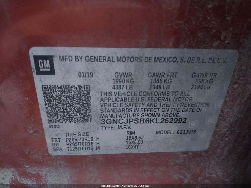 2019 Chevrolet Trax Lt VIN: 3GNCJPSB6KL262992 Lot: 43954099