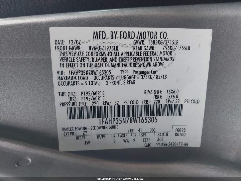 2008 Ford Focus Se/Ses VIN: 1FAHP35N78W165305 Lot: 43954101