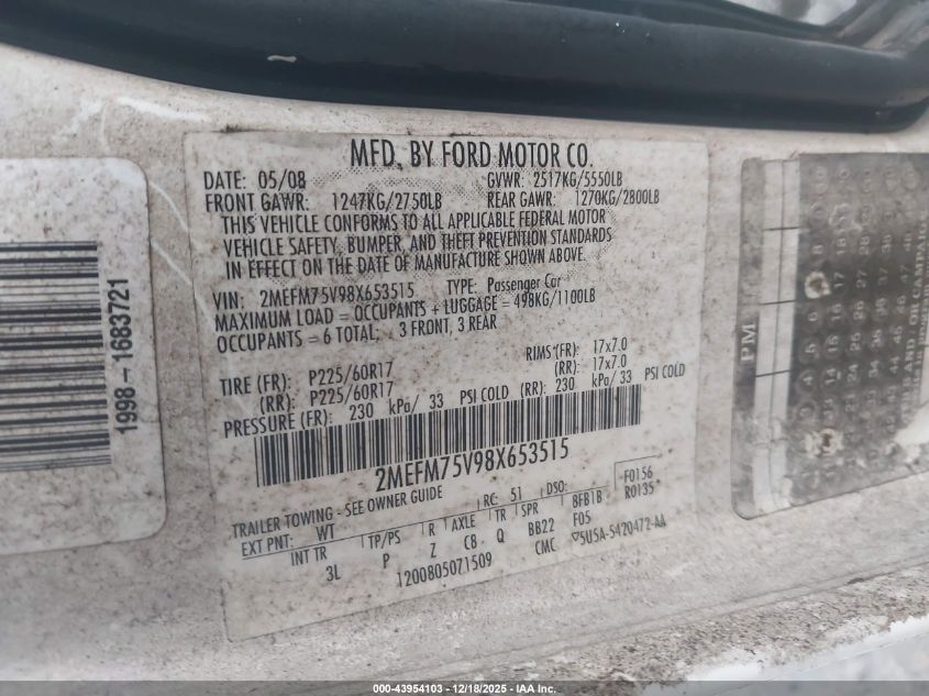 2008 Mercury Grand Marquis Ls VIN: 2MEFM75V98X653515 Lot: 43954103