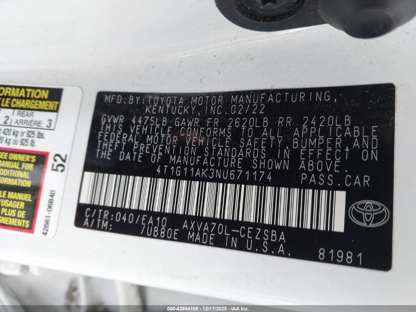 2022 Toyota Camry Se VIN: 4T1G11AK3NU671174 Lot: 43954106