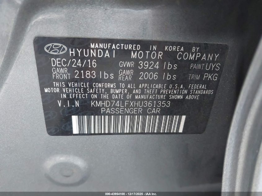 2017 Hyundai Elantra Se VIN: KMHD74LFXHU361353 Lot: 43954108