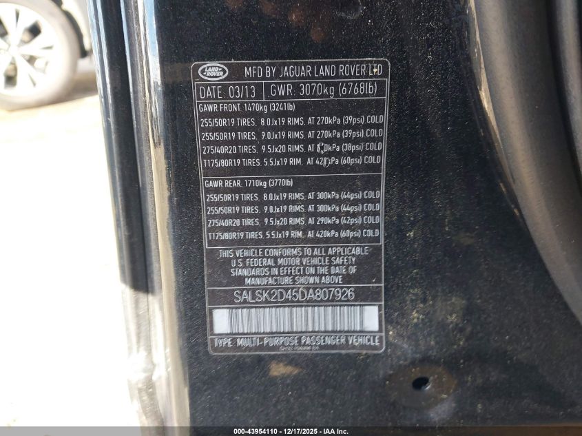 2013 Land Rover Range Rover Sport Hse VIN: SALSK2D45DA807926 Lot: 43954110