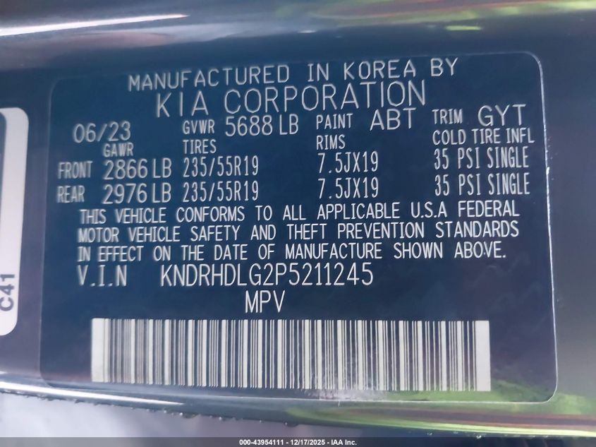 2023 Kia Sorento Hybrid Ex VIN: KNDRHDLG2P5211245 Lot: 43954111