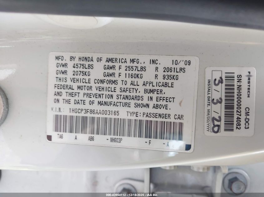 2010 Honda Accord 3.5 Ex-L VIN: 1HGCP3F86AA003165 Lot: 43954112