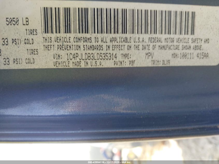 2020 Jeep Cherokee Limited Fwd VIN: 1C4PJLDB3LD535314 Lot: 43954116