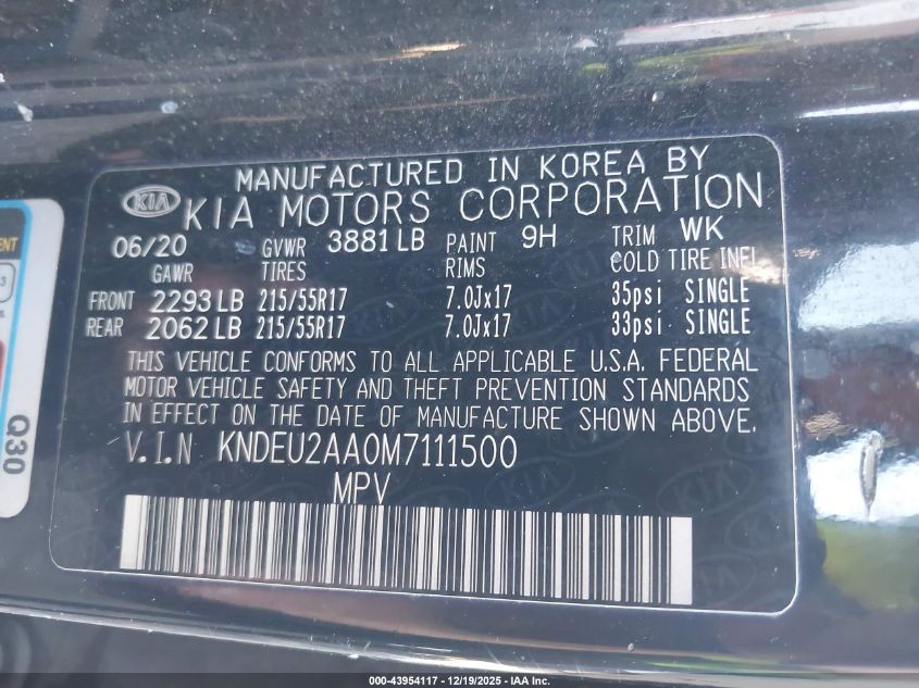 2021 Kia Seltos S VIN: KNDEU2AA0M7111500 Lot: 43954117