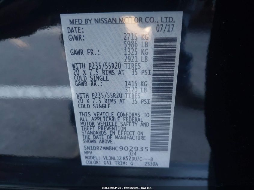 2017 Nissan Pathfinder Platinum VIN: 5N1DR2MM8HC902935 Lot: 43954120