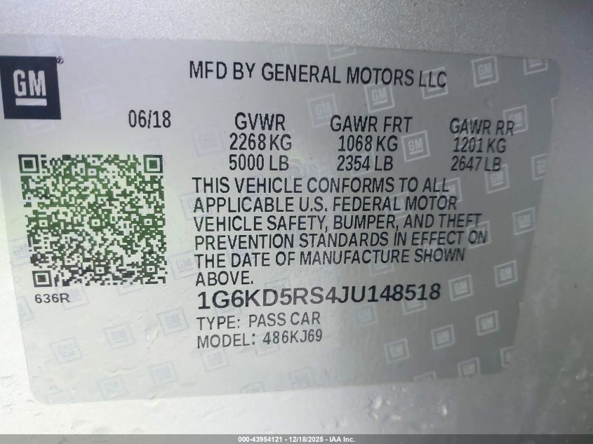 2018 Cadillac Ct6 Luxury VIN: 1G6KD5RS4JU148518 Lot: 43954121