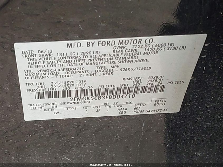 2014 Ford Flex Sel VIN: 2FMGK5C83EBD04710 Lot: 43954123