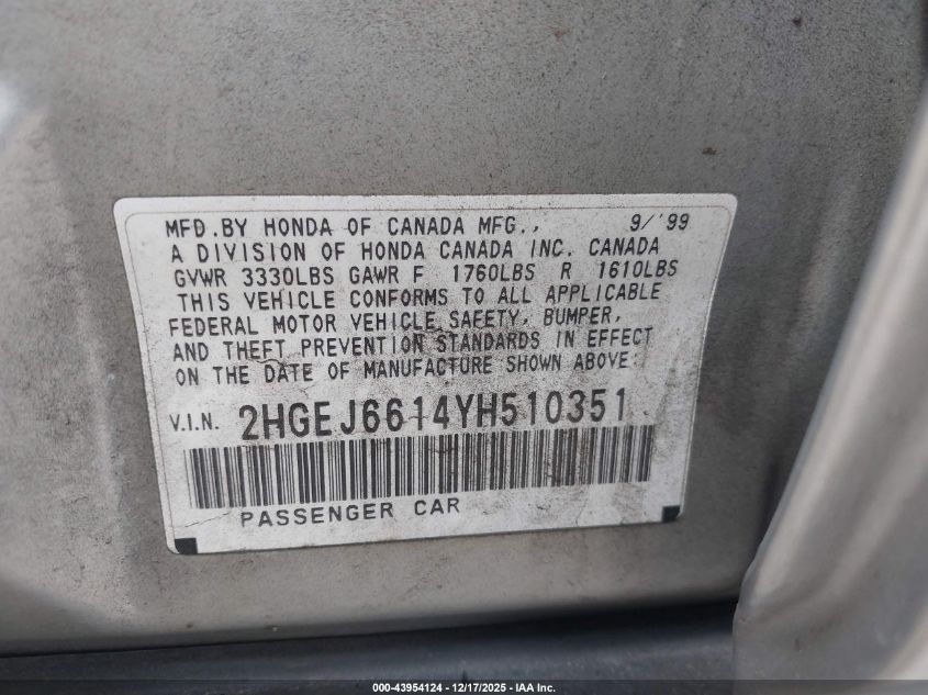 2000 Honda Civic Value Package VIN: 2HGEJ6614YH510351 Lot: 43954124