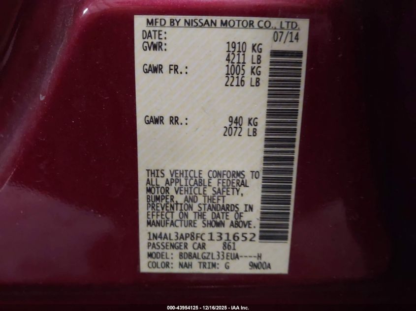 2015 Nissan Altima 2.5 S VIN: 1N4AL3AP8FC131652 Lot: 43954125