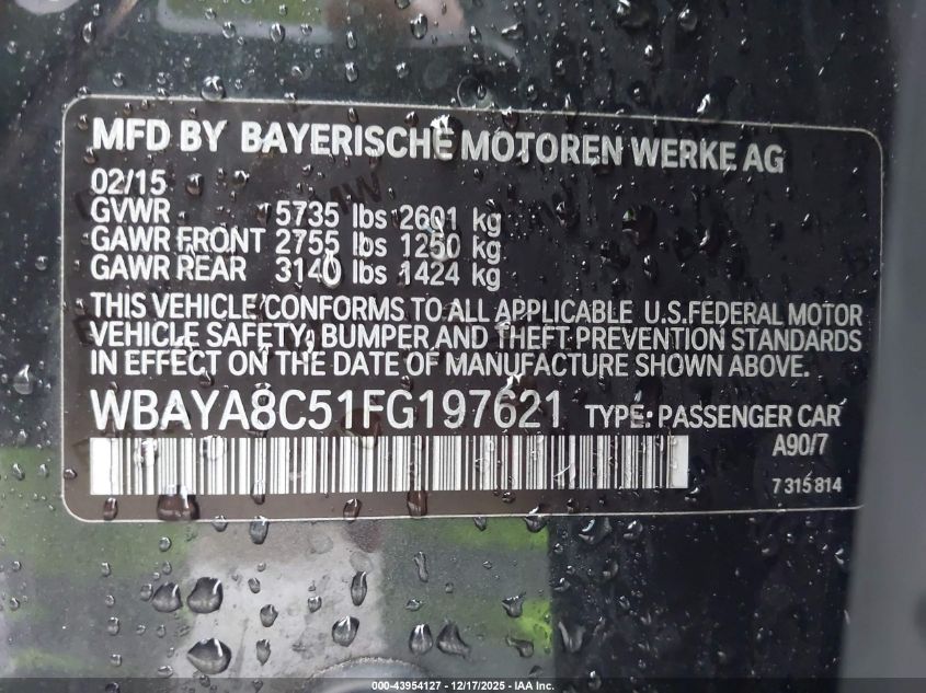 2015 BMW 750I VIN: WBAYA8C51FG197621 Lot: 43954127