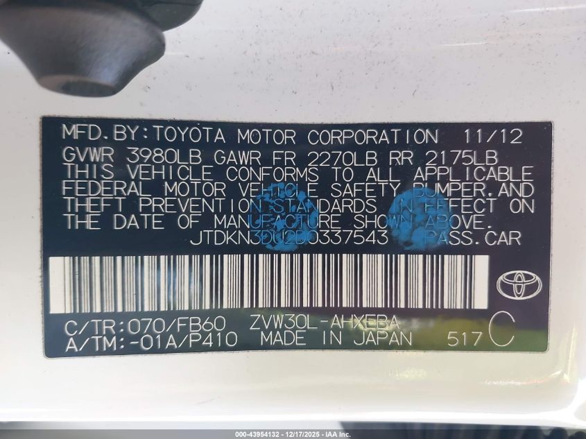 2013 Toyota Prius Three VIN: JTDKN3DU2D0337543 Lot: 43954132