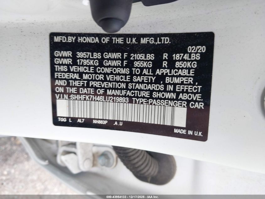 2020 Honda Civic Sport VIN: SHHFK7H46LU219893 Lot: 43954133