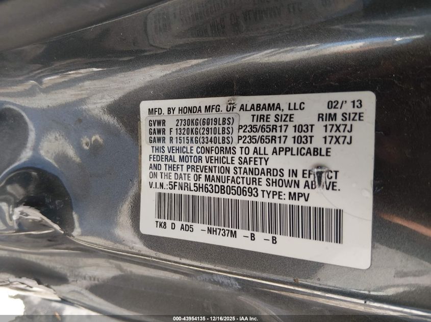 2013 Honda Odyssey Ex-L VIN: 5FNRL5H63DB050693 Lot: 43954135