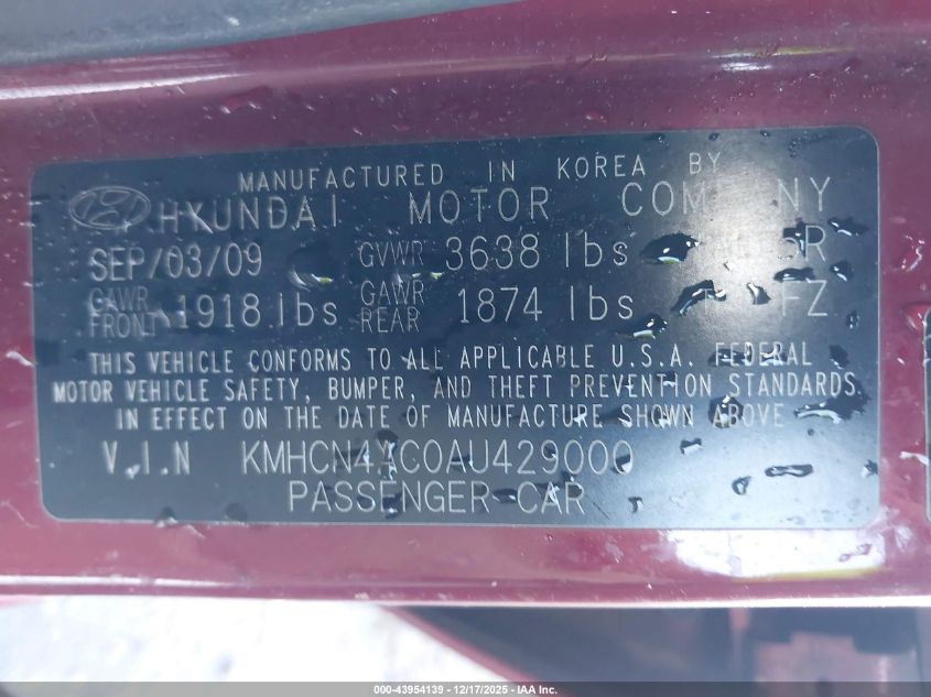 2010 Hyundai Accent Gls VIN: KMHCN4AC0AU429000 Lot: 43954139
