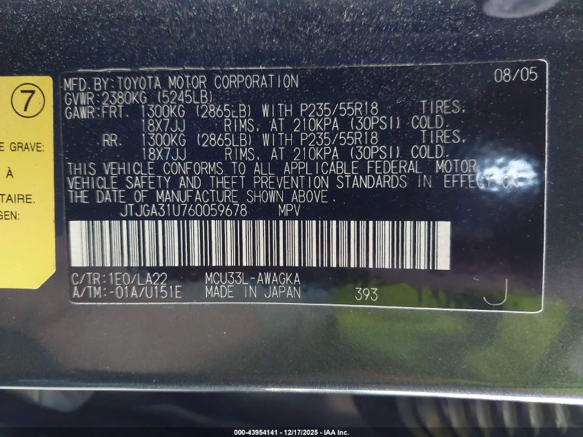 2006 Lexus Rx 330 VIN: JTJGA31U760059678 Lot: 43954141