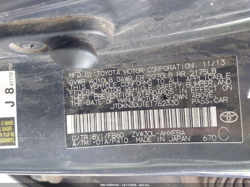 2014 Toyota Prius Two VIN: JTDKN3DU1E1762330 Lot: 43954143