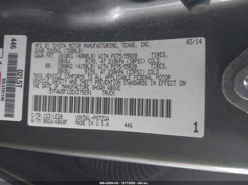 2014 Toyota Tundra Platinum 5.7L V8 VIN: 5TFAW5F12EX379291 Lot: 43954145