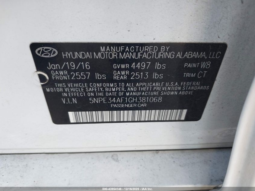 2016 Hyundai Sonata Sport VIN: 5NPE34AF1GH381068 Lot: 43954146