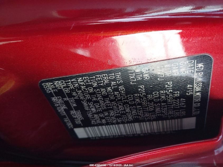 2015 Nissan Juke Sv VIN: JN8AF5MV6FT561742 Lot: 43954150