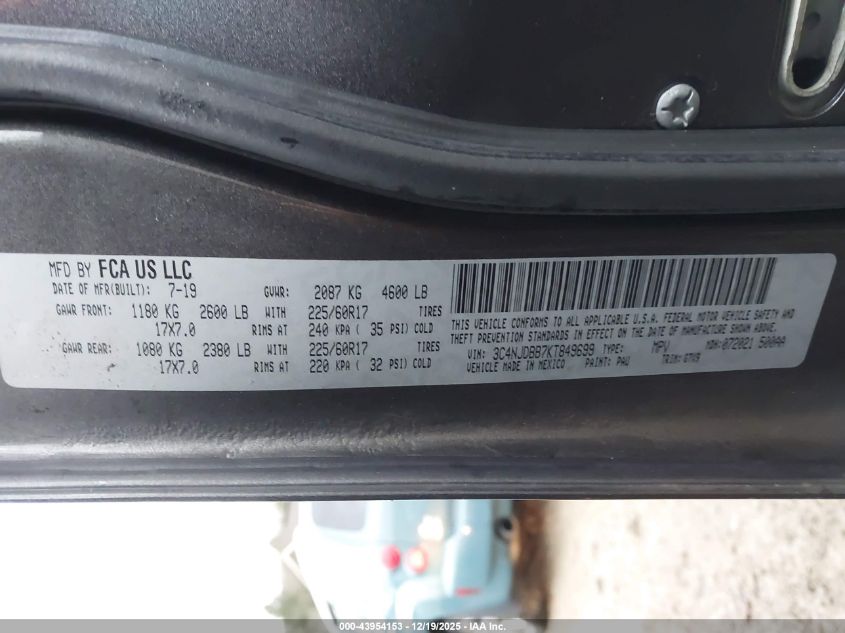 2019 Jeep Compass Latitude 4X4 VIN: 3C4NJDBB7KT849699 Lot: 43954153