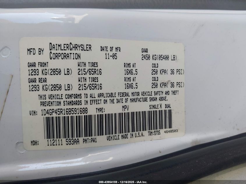 2006 Dodge Caravan Sxt VIN: 1D4GP45R16B591688 Lot: 43954159