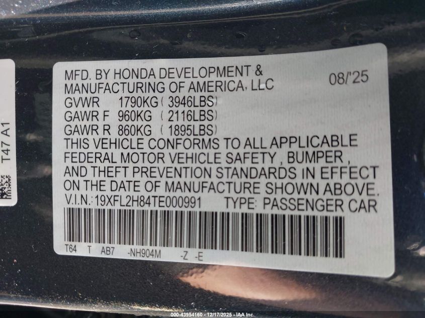 2026 Honda Civic Sport VIN: 19XFL2H84TE000991 Lot: 43954160
