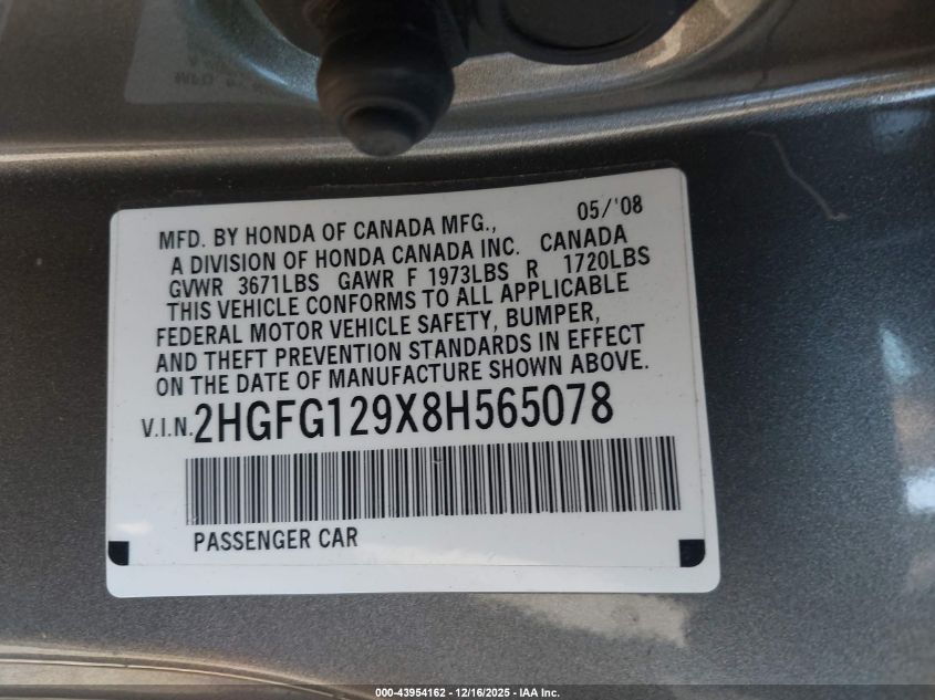 2008 Honda Civic Ex-L VIN: 2HGFG129X8H565078 Lot: 43954162