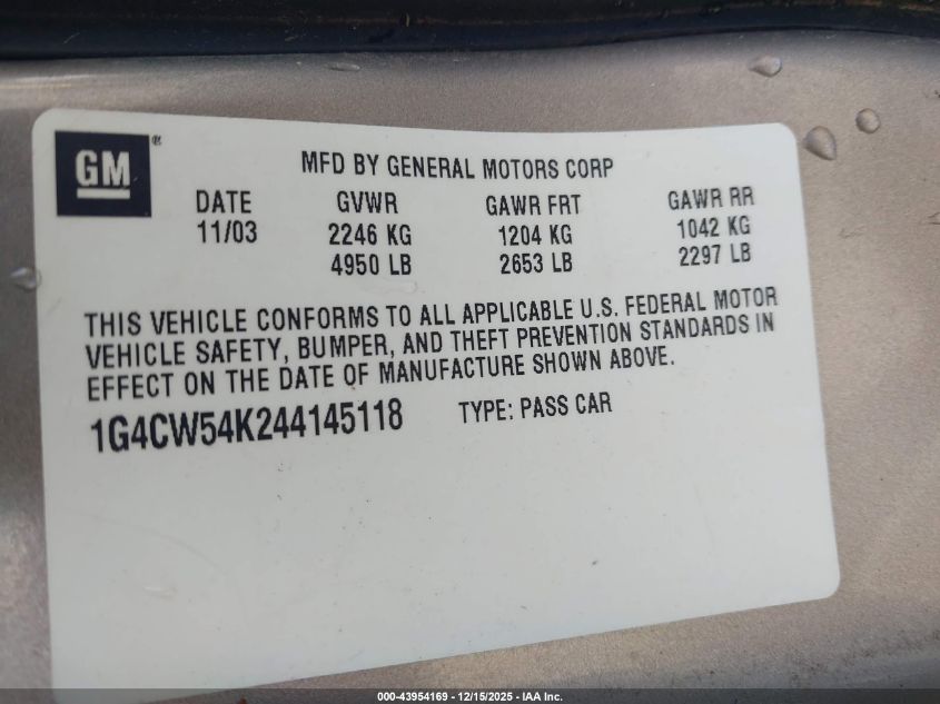 2004 Buick Park Avenue VIN: 1G4CW54K244145118 Lot: 43954169