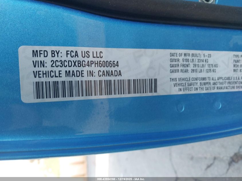 2023 Dodge Charger Sxt VIN: 2C3CDXBG4PH600664 Lot: 43954168