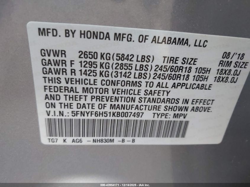 2019 Honda Pilot Ex-L VIN: 5FNYF6H51KB007497 Lot: 43954171