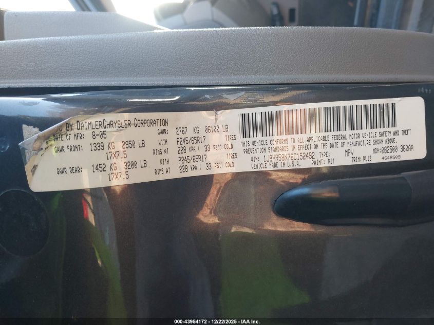 2006 Jeep Grand Cherokee Limited VIN: 1J8HR58N76C152492 Lot: 43954172