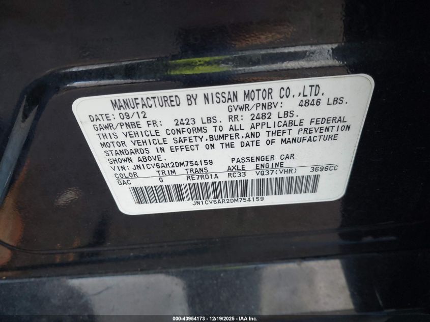 2013 Infiniti G37X VIN: JN1CV6AR2DM754159 Lot: 43954173