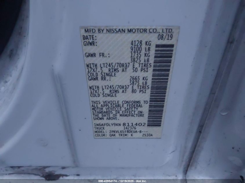 2019 Nissan Nv Cargo Nv2500 Hd Sv V8 VIN: 1N6AF0LY9KN811402 Lot: 43954174