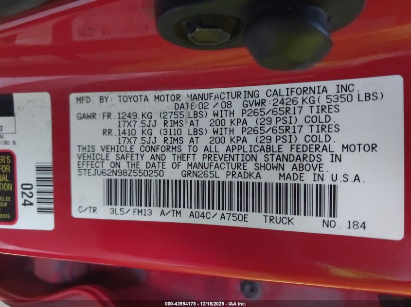 2008 Toyota Tacoma Prerunner V6 VIN: 5TEJU62N98Z550250 Lot: 43954178