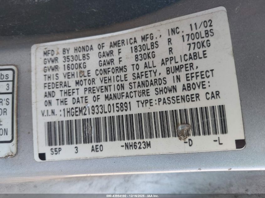 2003 Honda Civic Ex VIN: 1HGEM21933L015891 Lot: 43954180