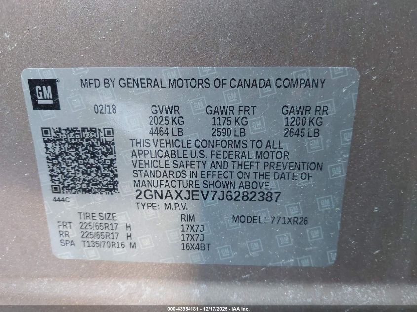 2018 Chevrolet Equinox Lt VIN: 2GNAXJEV7J6282387 Lot: 43954181