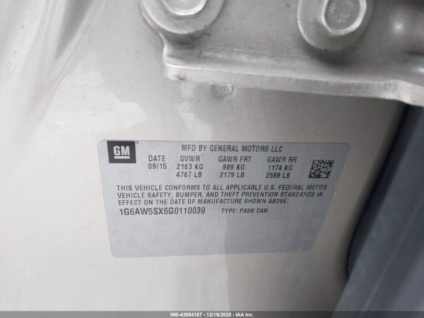 2016 Cadillac Cts Standard VIN: 1G6AW5SX6G0110039 Lot: 43954187