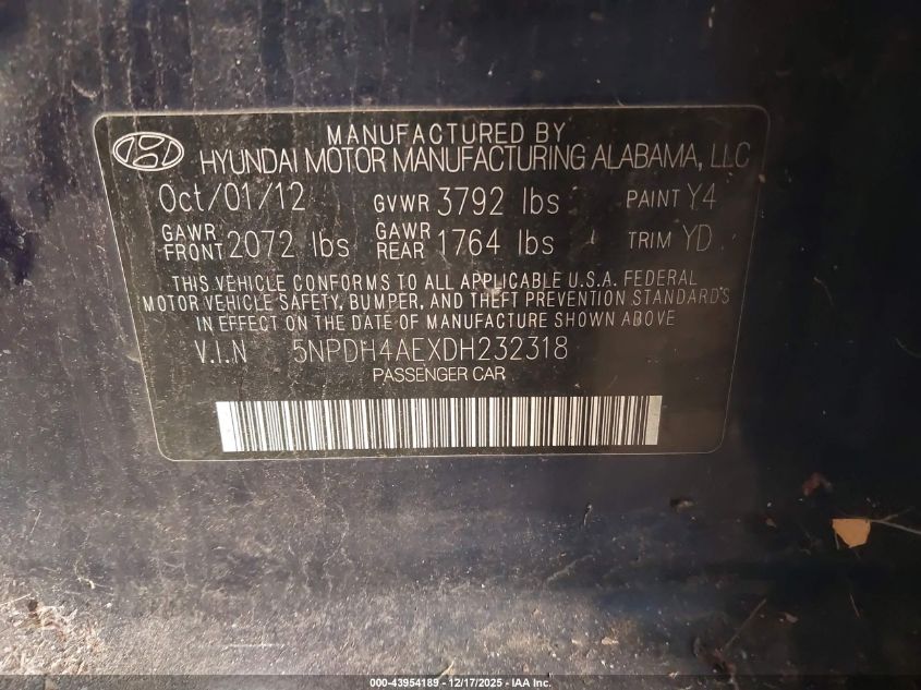 2013 Hyundai Elantra Gls VIN: 5NPDH4AEXDH232318 Lot: 43954189