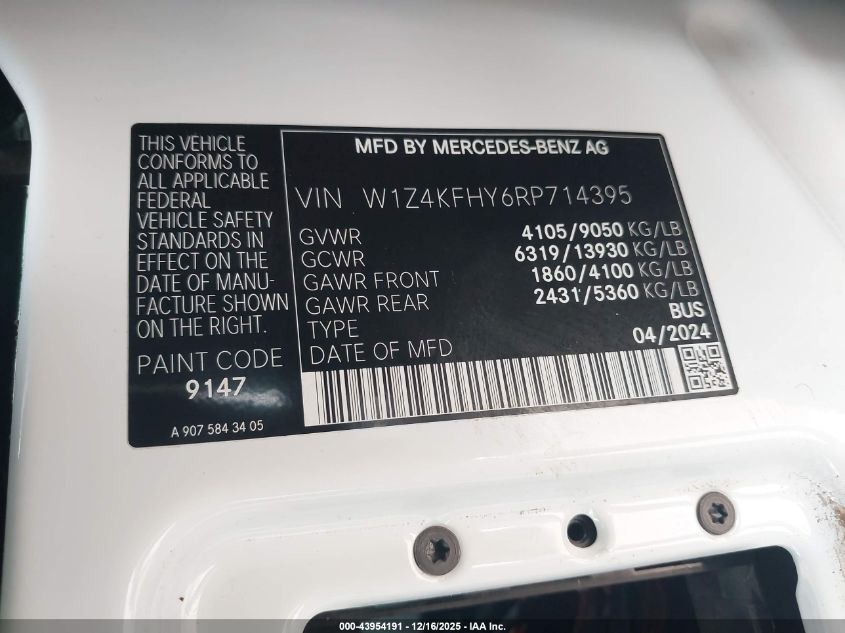 2024 Mercedes-Benz Sprinter 2500 Standard Roof 4-Cyl Diesel VIN: W1Z4KFHY6RP714395 Lot: 43954191