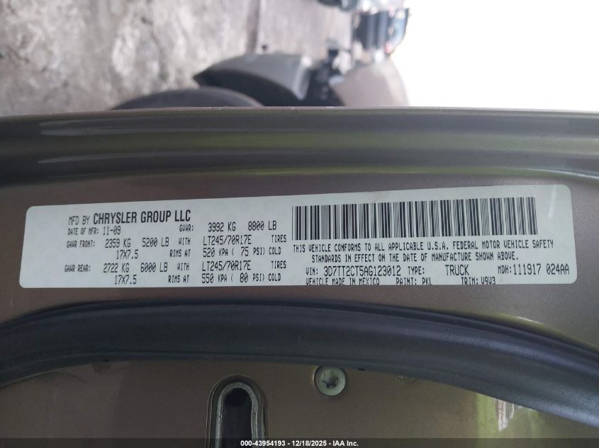 2010 Dodge Ram 2500 St VIN: 3D7TT2CT5AG123012 Lot: 43954193