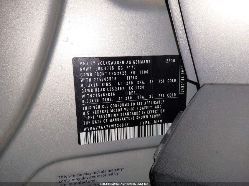 2011 Volkswagen Tiguan S VIN: WVGAV7AX7BW530813 Lot: 43954194