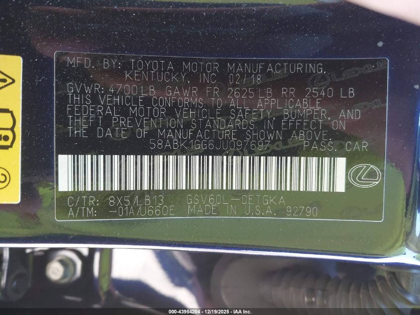 2018 Lexus Es 350 VIN: 58ABK1GG6JU097697 Lot: 43954204