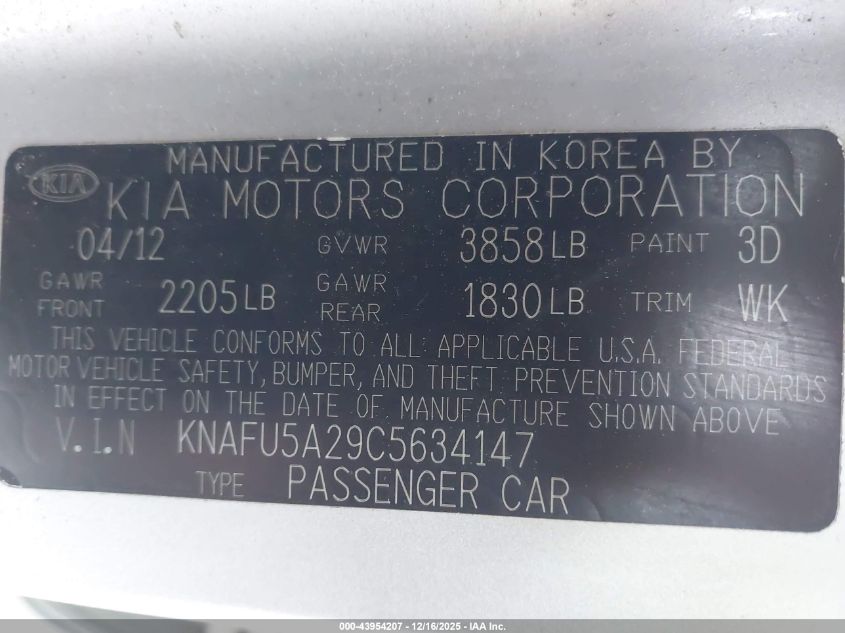 2012 Kia Forte Ex VIN: KNAFU5A29C5634147 Lot: 43954207
